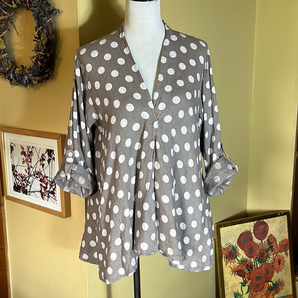 ITALY 100% Linen Trapeeze Blouse Polka Dots Gray & White - Picture 2 of 13